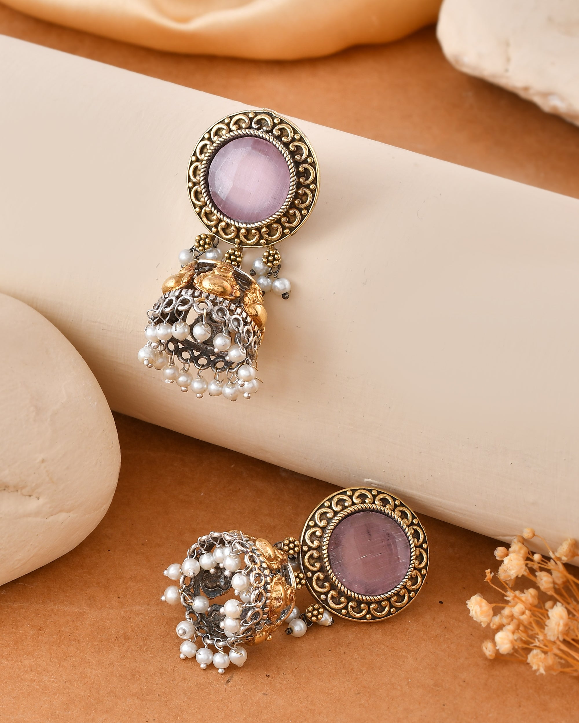 Pink Jhumka Dandiya White Metal Earrings